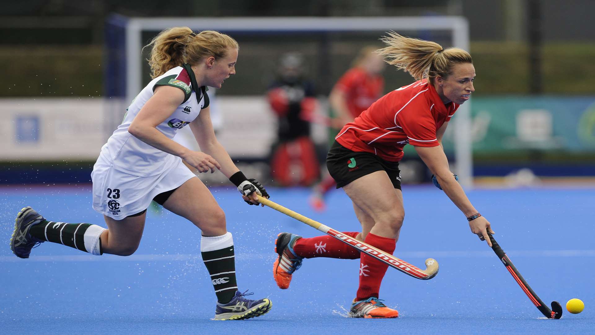Canterbury's Susannah Townsend, right, in action against Surbiton in the Championship play-off final at Lee Valley Hockey and Tennis Centre Picture: Ady Kerry