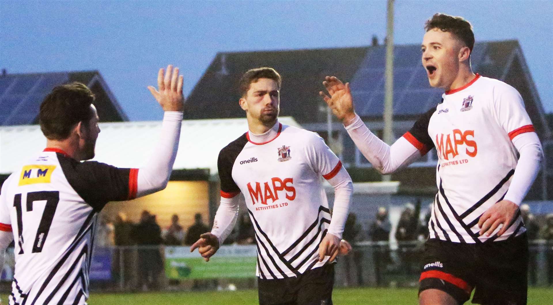 Second-half Deal scorer Rory Smith celebrates with debutant Ashley Miller in their 2-0 FA Vase home victory against Cobham on Saturday. Picture: Paul Willmott