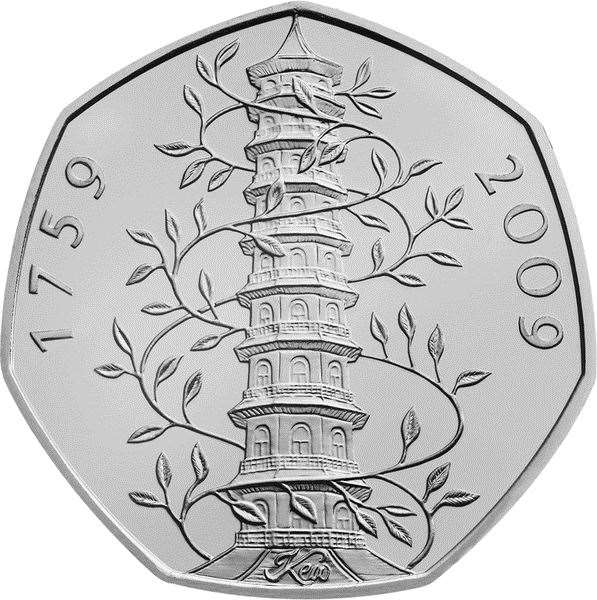 The 250th anniversary of the foundation of the Royal Botanic Gardens was marked with a 50p coin. Image: Royal Mint.