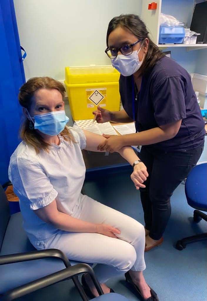 Natalie Elphicke being injected by Dr Sanchia Braganza. Picture:Office of Natalie Elphicke MP