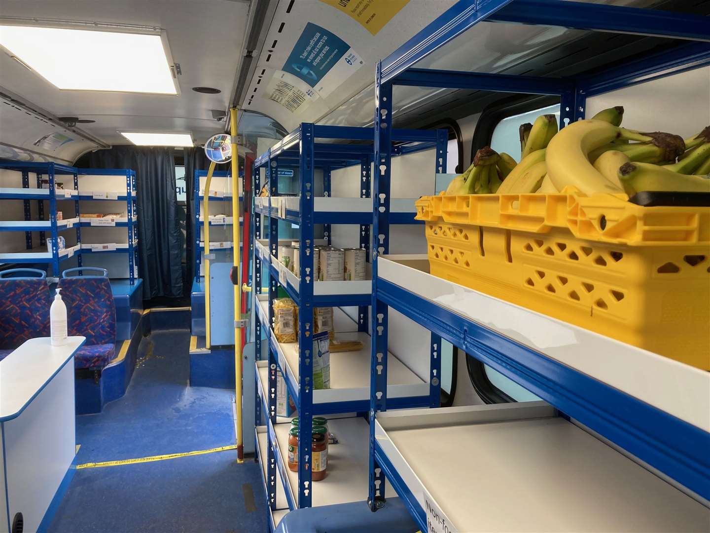 Inside the Sheppey Support Bus which will be used as a mobile community supermarket downstairs
