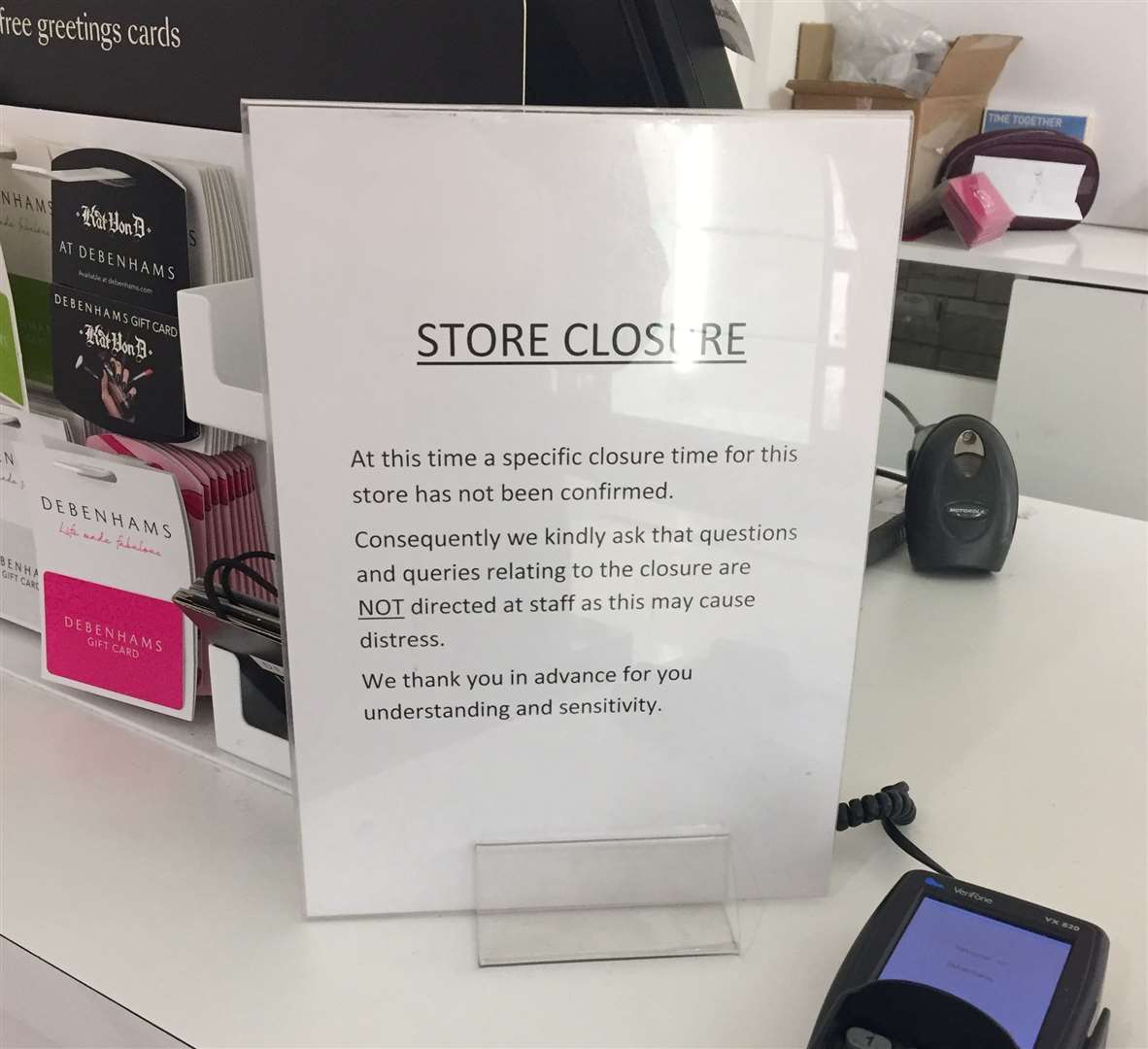The sign displayed on one of the counters at the Canterbury store