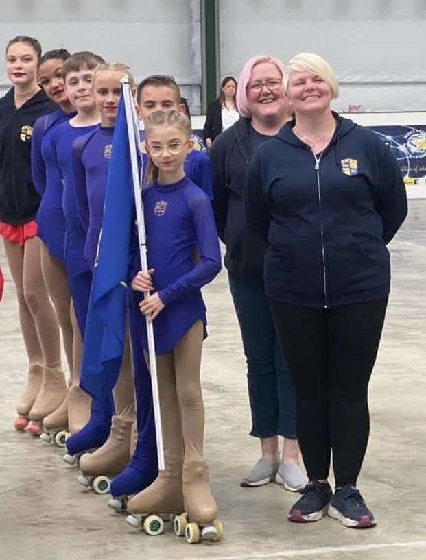 From left, Willow Frith, Prarinna Harris, Caydn Harwin, Suzanne Greenstreet, Lewis Hackman, Lucia Fairbrass, Melanie Harwin and Kym Caira represented Herne Bay United at the British Roller Skating Championships opening ceremony