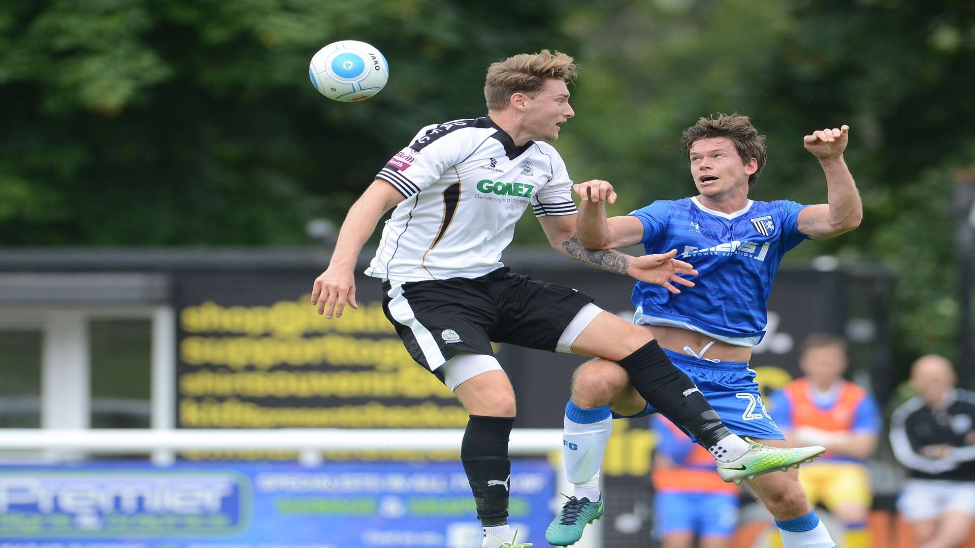 Ryan Bird rises for the ball against Gillingham Picture: Gary Browne