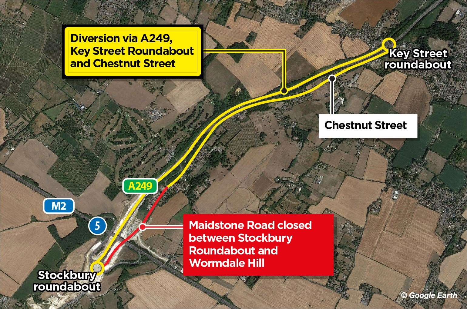 Where the closure of Maidstone Road is and the diversion route available