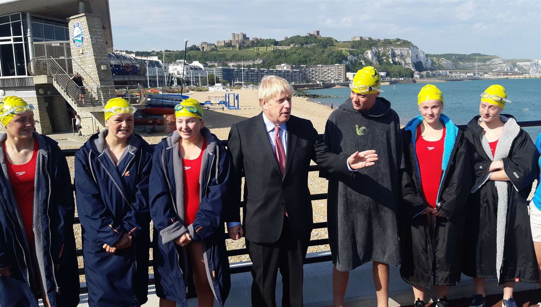 Boris Johnson meets practising Channel relay swimmers