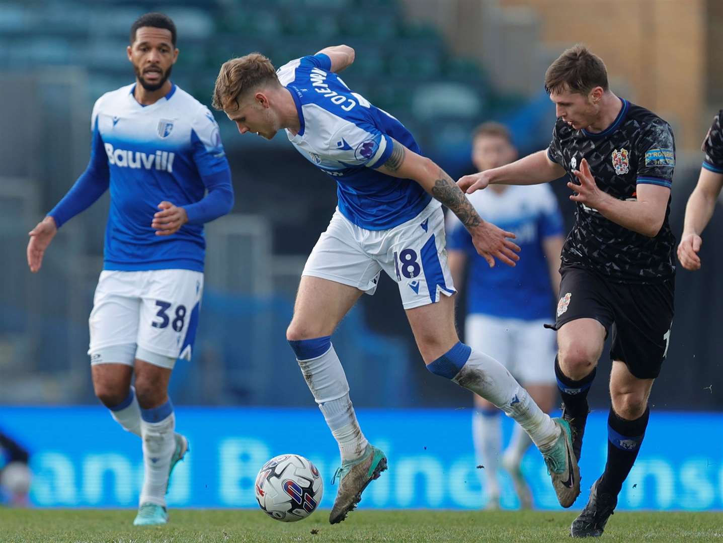 Ethan Coleman on the ball for Gillingham at Priestfield in their weekend 1-1 draw with Tranmere. Picture: Julian_KPI