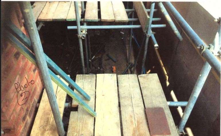 The hole in the scaffolding platform in Smerden Road, Ashford. Photo Credit: Health and Safety Executive