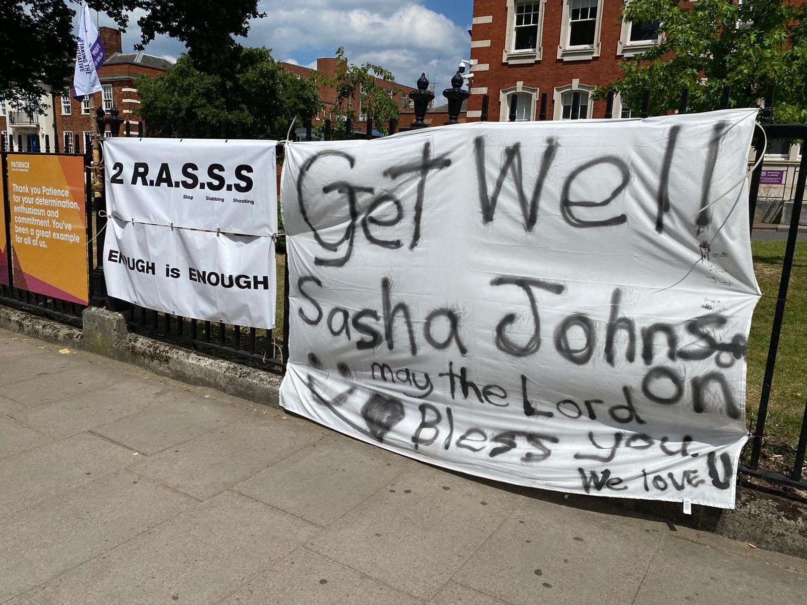 Banners at King's College Hospital in London wishing Sasha a speedy recovery. Picture: Barry Goodwin