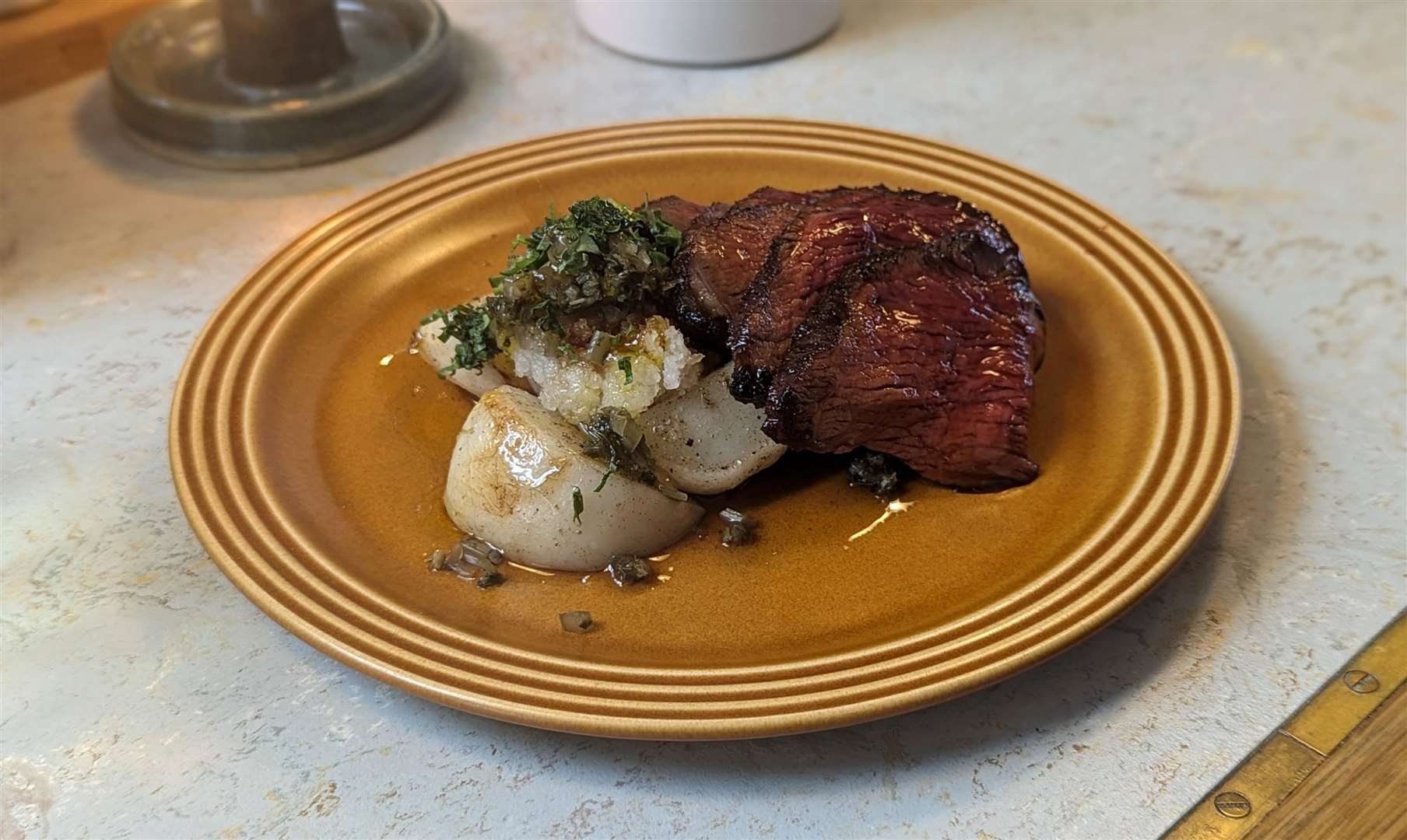 Dry-aged rump cap and turnips
