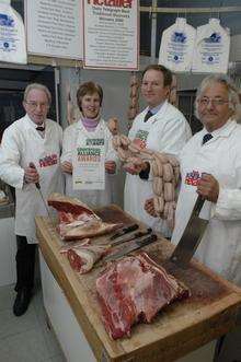 terry Thrower, Alison Church, Stuart Doughty and Bruce Hipwood at S.W. Doughty, butchers in Doddington.
