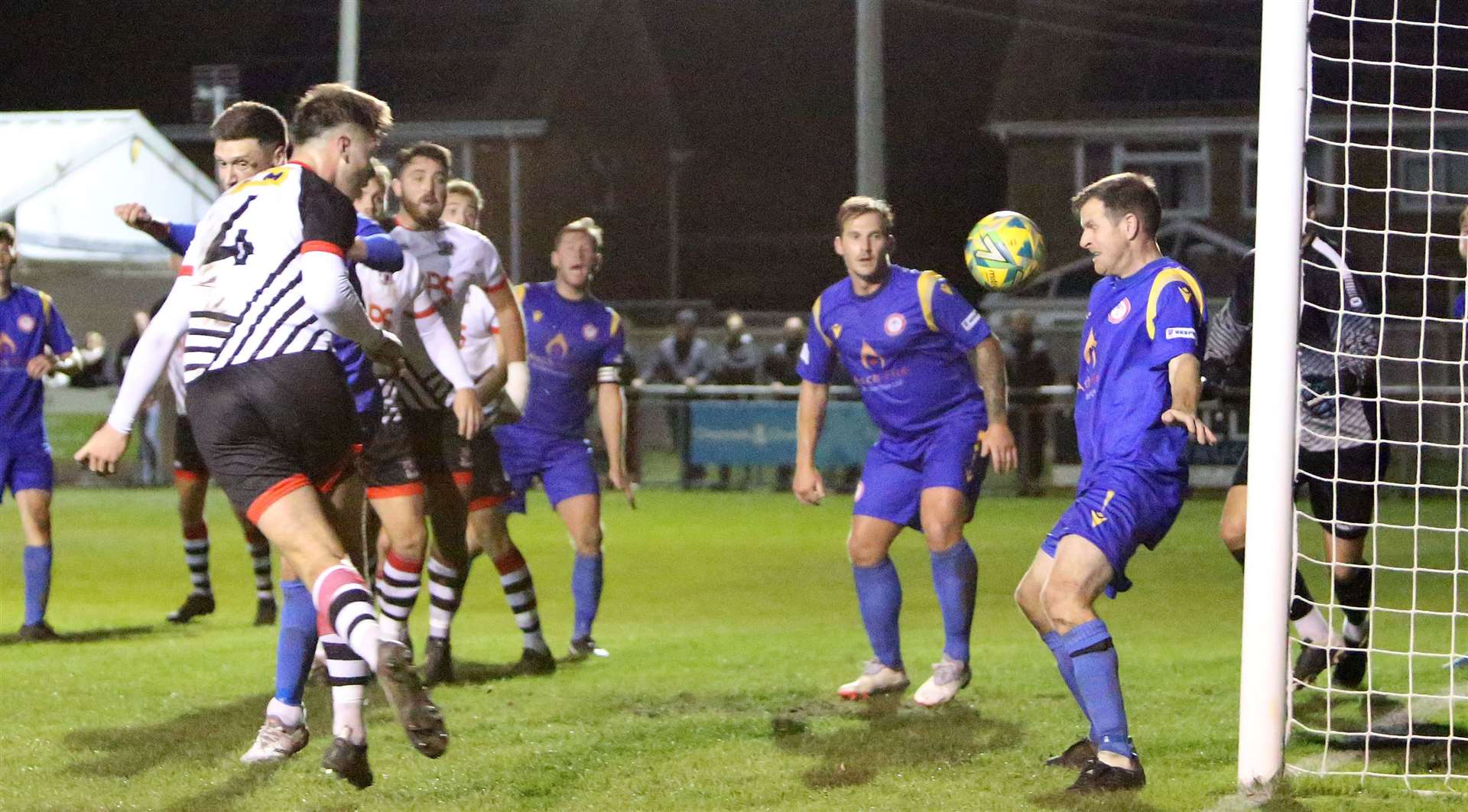 Deal's Alfie Foster heads home their equaliser last Tuesday in their 1-1 draw with Hollands & Blair. Picture: Paul Willmott
