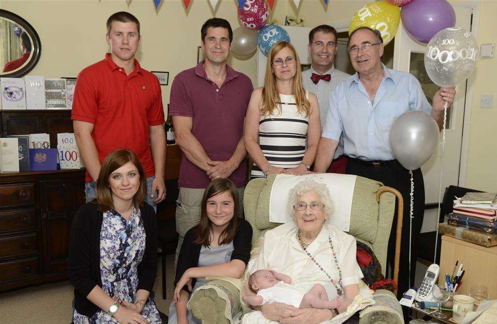 Una Dossett celebrating her 100th birthday with baby Ffion and five generations of her family. Picture taken by Gary Browne