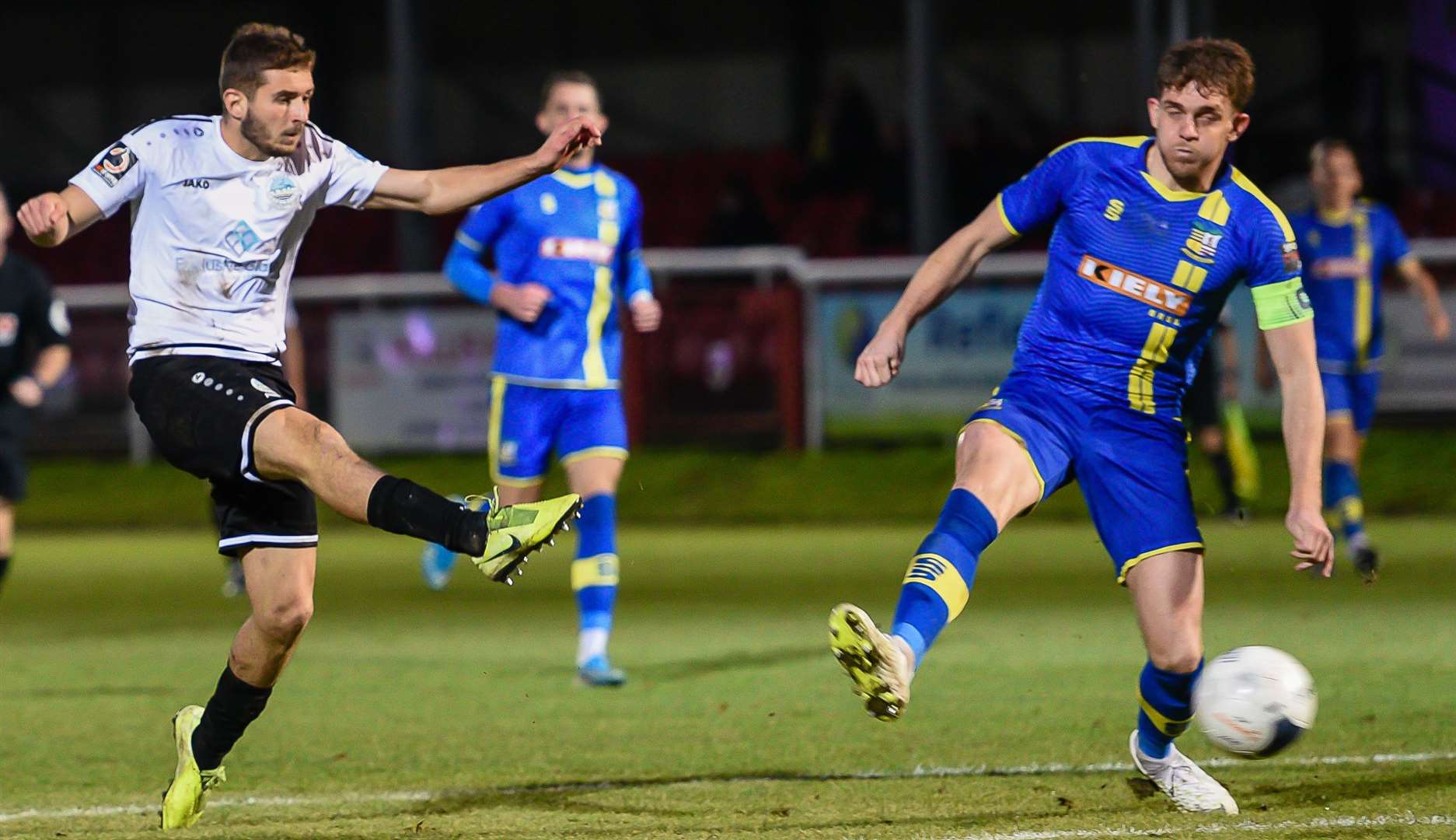 Dover 's Steven Rigg gets a shot away against Solihull Moors Picture: Alan Langley