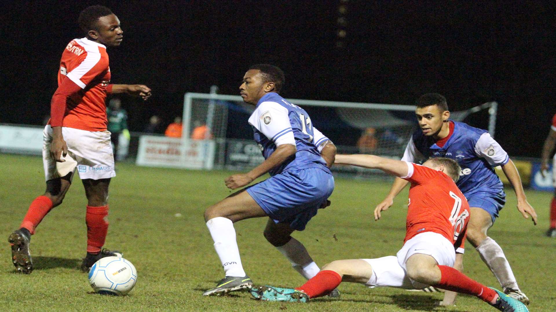 Margate's Charles Banya looks for a way through the Charlton defence during Wednesday's 2-1 Kent Reliance Senior Cup defeat at Hartsdown. Picture: Don Walker