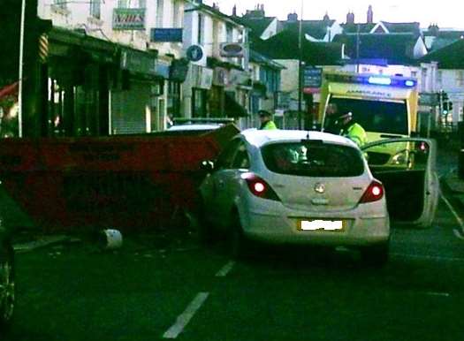 A car crashed into a skip in Camden Road, Tunbridge Wells. Picture: @Twellsense