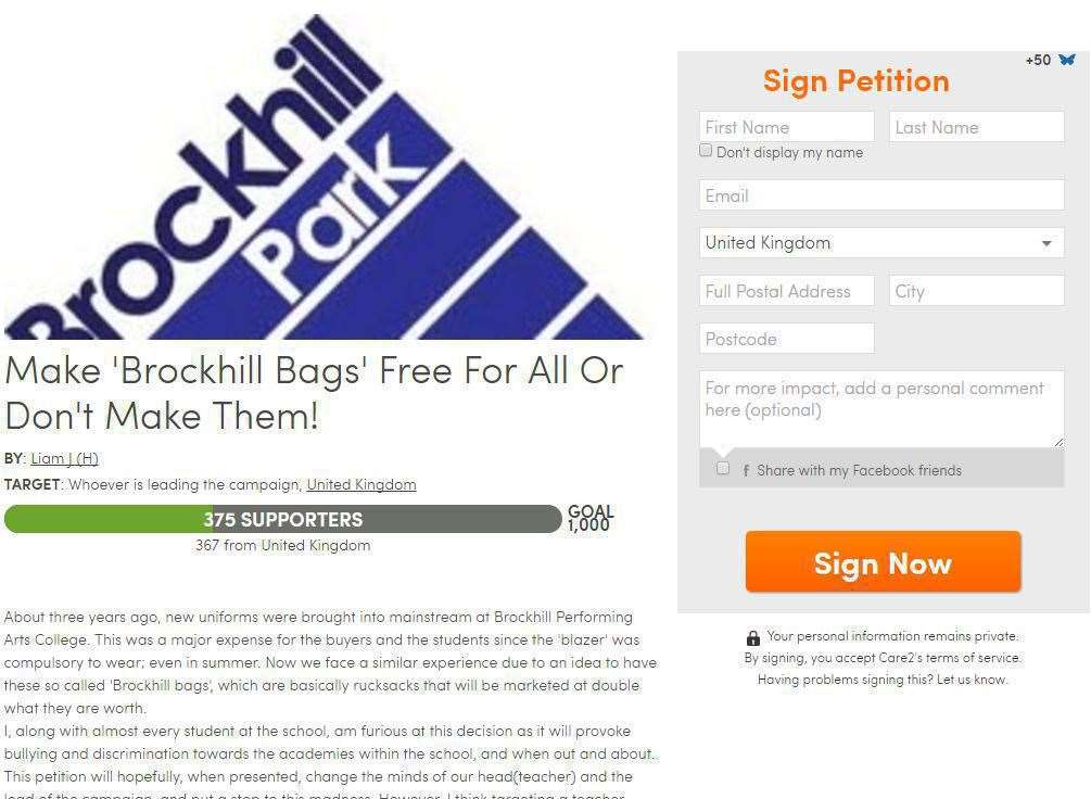 A petition has been set up against the proposals by Brockhill Park College to introduce a branded bag as part of its school uniform