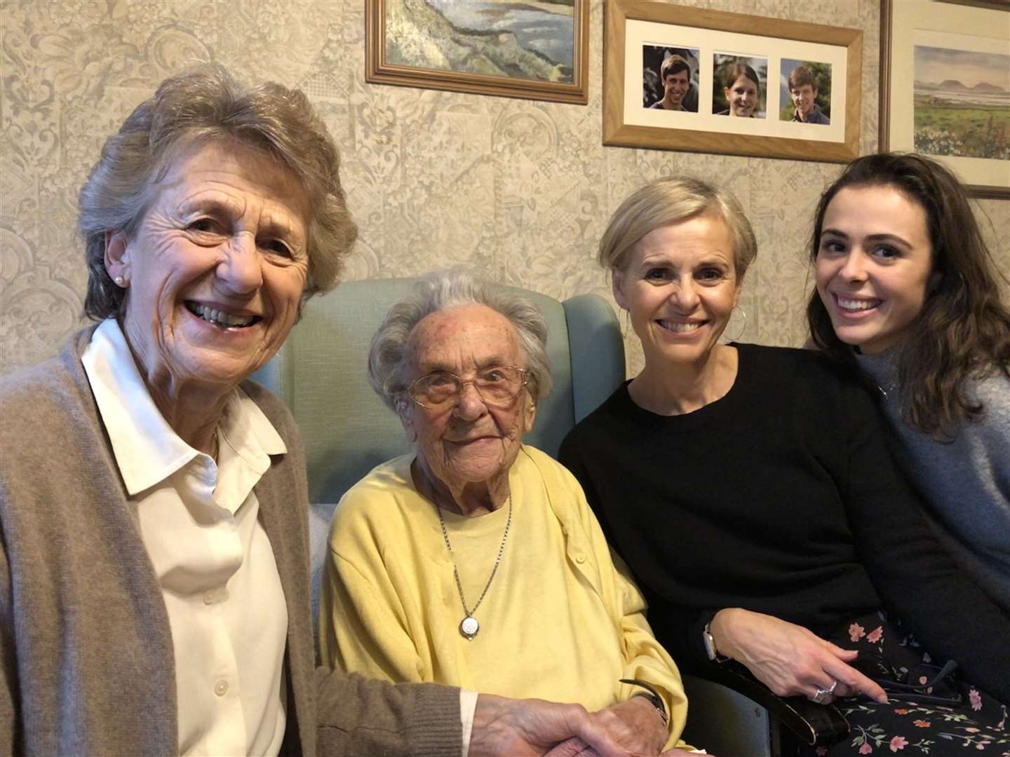 From left, Ivy's daughter, Ann Jones, Ivy, Ivy's grandaughter and Sky News broadcaster Anna Jones, and her great-grandaughter, Georgia, celebrating Ivy's 109th birthday earlier this year. Picture: Ann Jones