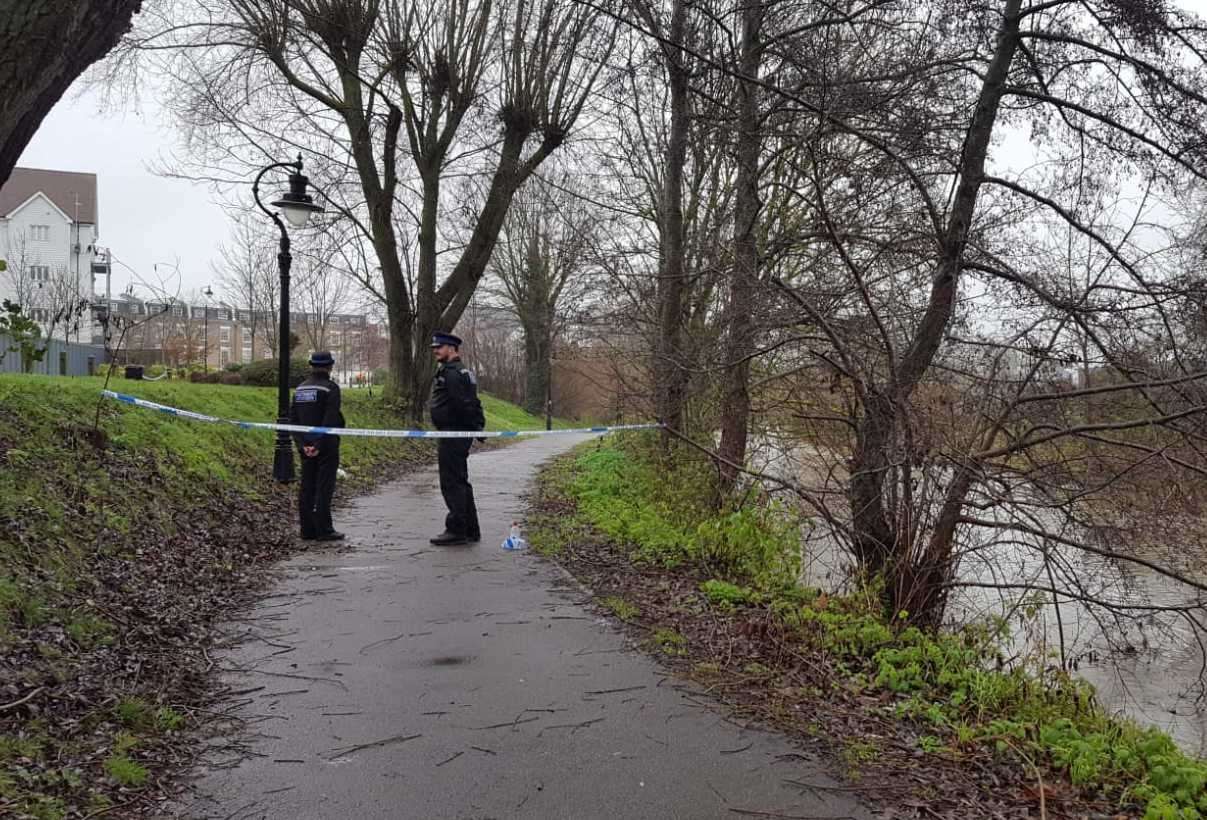 Police taped off a section off path along the River Stour in Canterbury