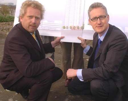 Bruce Parmenter and Lembit Opik unveil a banner showing how the new building will affect the skyline. Picture: Steve Crispe