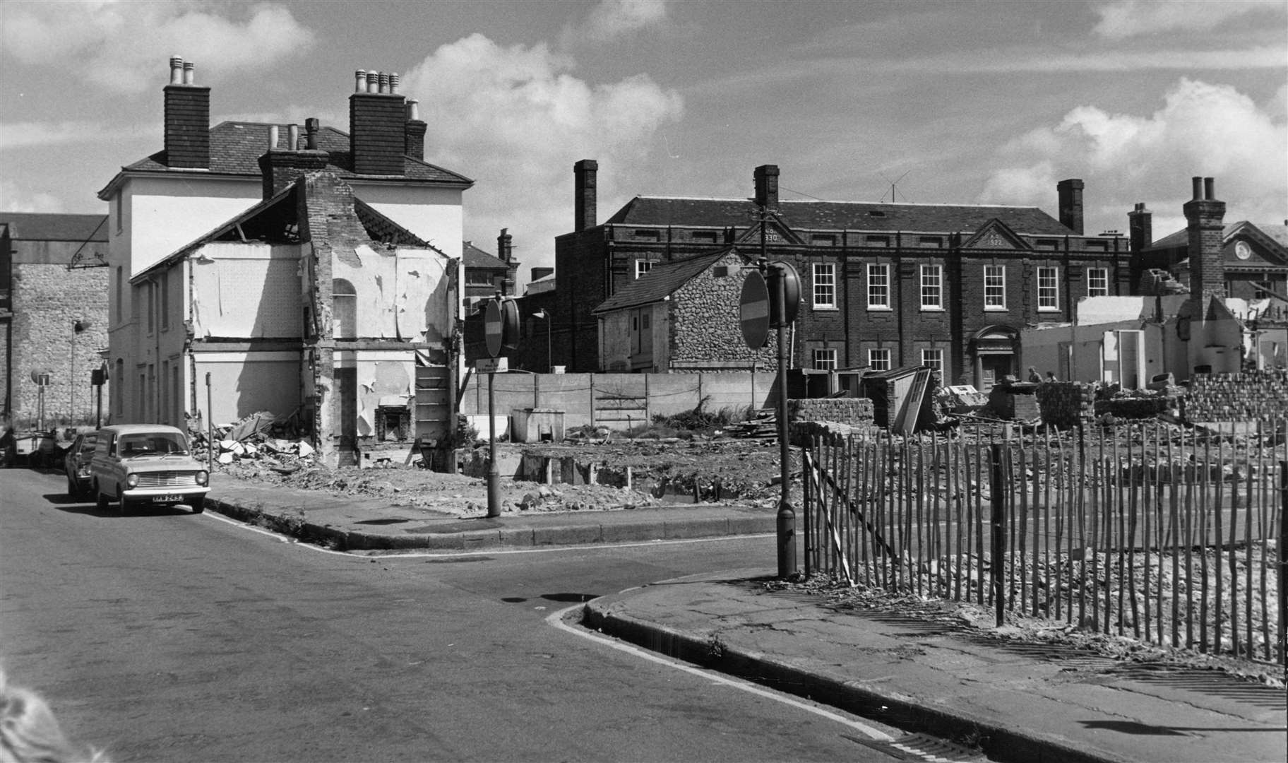 Hempsted Street with its junctions of Middle Street and Tufton Street during the land clearance for the Tufton Centre in 1972. The former Wellington Hotel can be seen next to the demolished houses (centre left) with the former Elwick Club in Tufton Street (centre right). Picture: Steve Salter