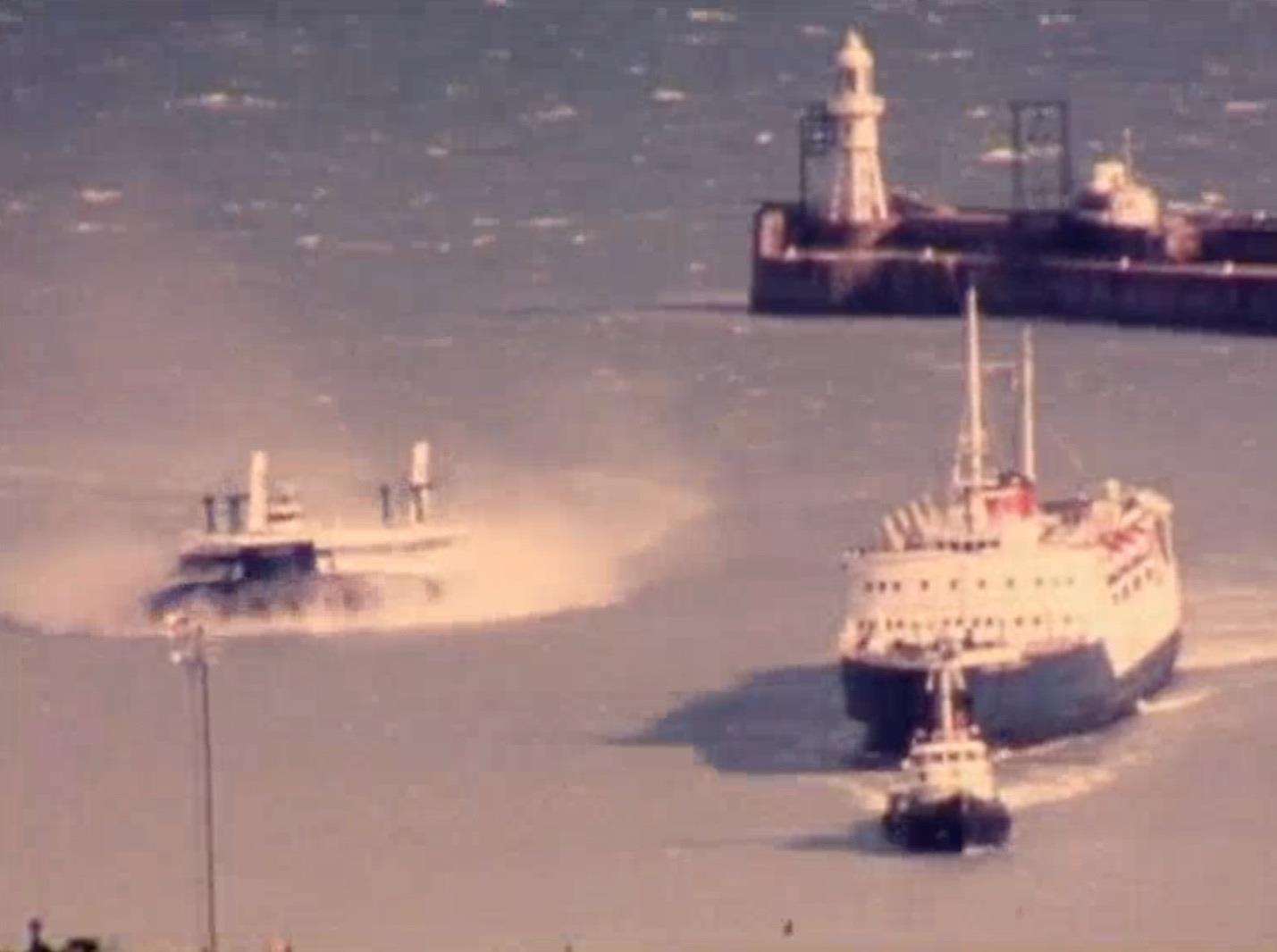 A hovercafte, ferry and tug at Dover Harbour, 1978. Picture: Dover Film Society