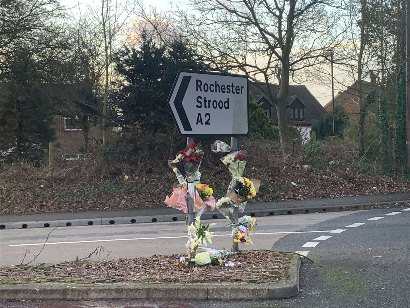 Flowers were attached to a sign by the Three Crutches roundabout on the A2 near Strood