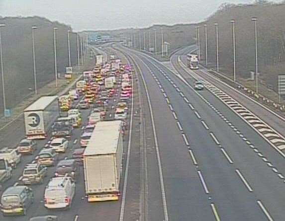 Traffic is queueing on the M20 as both carriageways were closed. Picture: National Highways