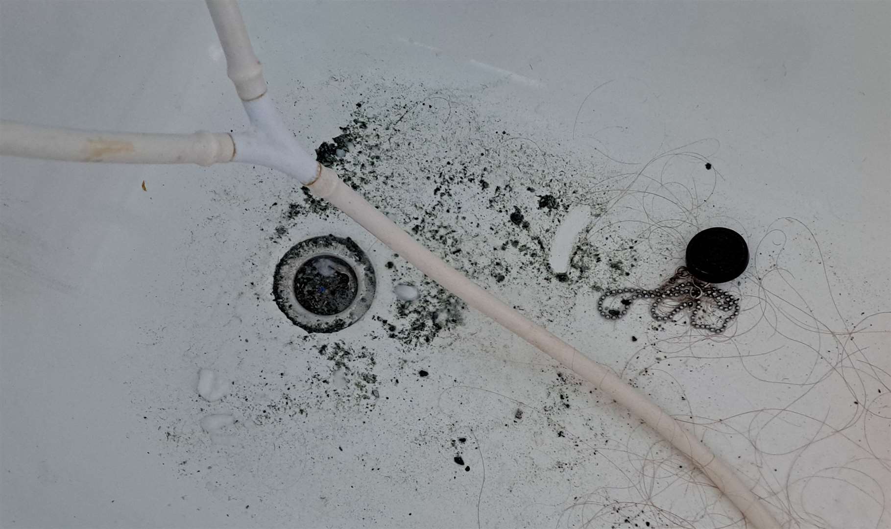 Mould that has fallen into Vicky's bath from her bathroom wall