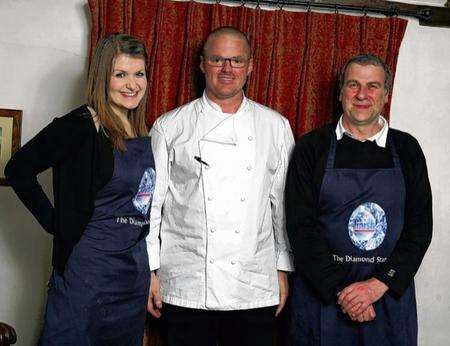 Father and daughter Paul and Lorrie Ashby with Michelin-starred chef Heston Blumenthal during the Finish Lemon Sparkle Recipe Challenge