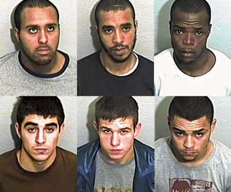 Clockwise from top left: Calvin Smith, Zouhir Ben-Kmayal, Matthew Olujosun, Karl Allen, Lawrence Trowell and Steven Convey were all jailed, along with two 17-year-olds