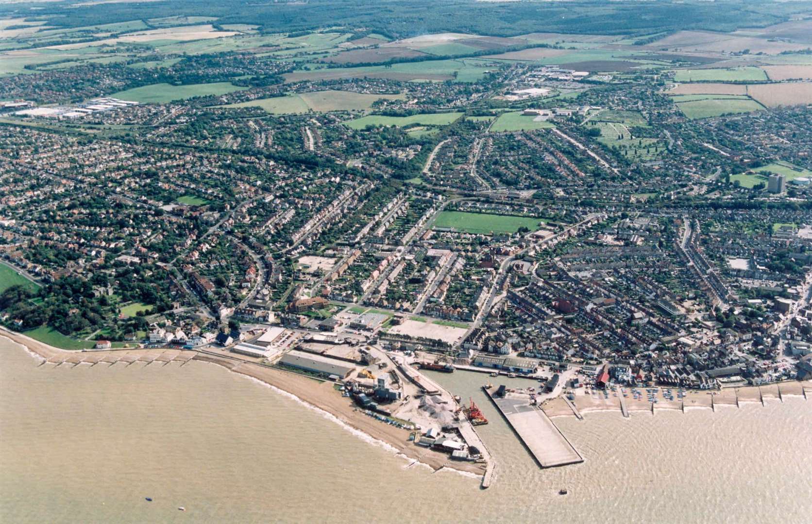 Aerial view of Whitstable Harbour from 1995 - just as the seeds of its revival were being sown