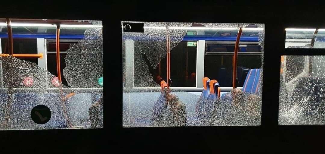 A photograph of the destroyed bus windows last month. Picture: Matthew Arnold/Twitter