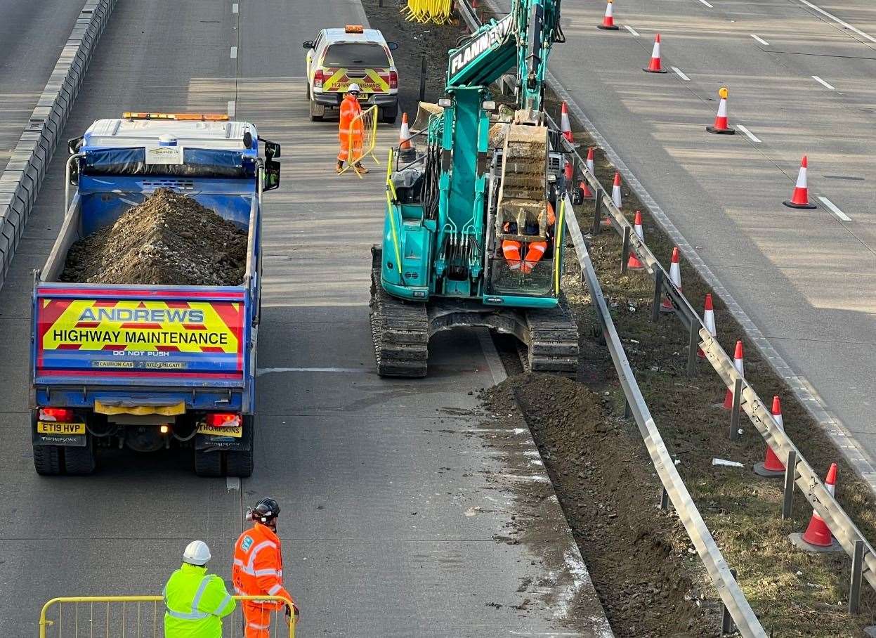 Contractors were widening the central reservation before the contraflow was deployed in July; the work also includes an 'extensive' drainage upgrade and new signs. Picture: Barry Goodwin