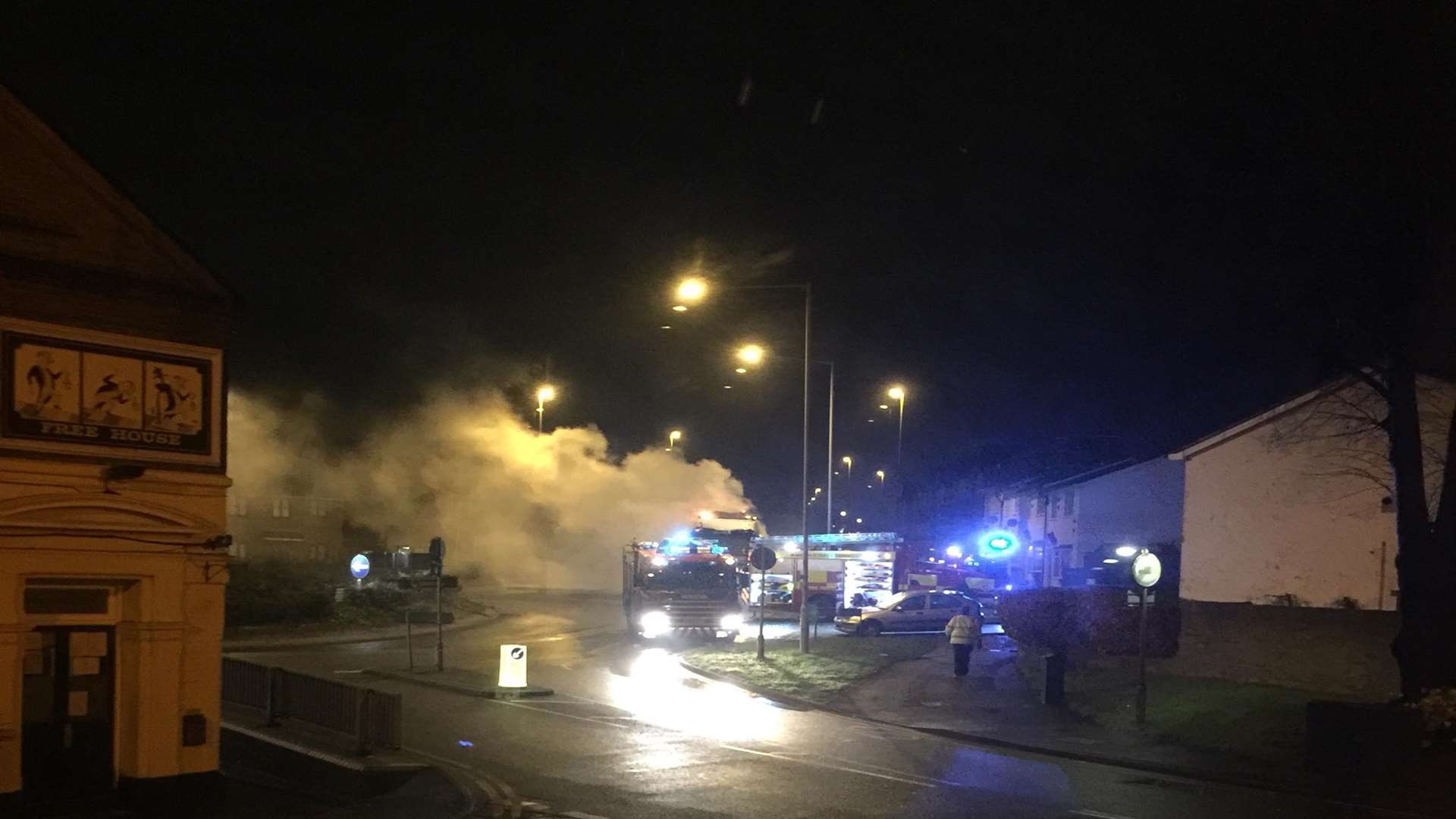 The lorry on fire at the roundabout on Staplehurst Road. Picture: Ricky Gray