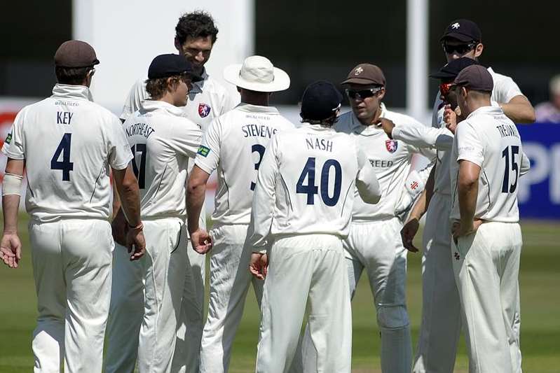 Charlie Shreck and his Kent team-mates celebrate the dismissal of Jimmy Adams for eight during Hampshire's first innings. Picture: Barry Goodwin