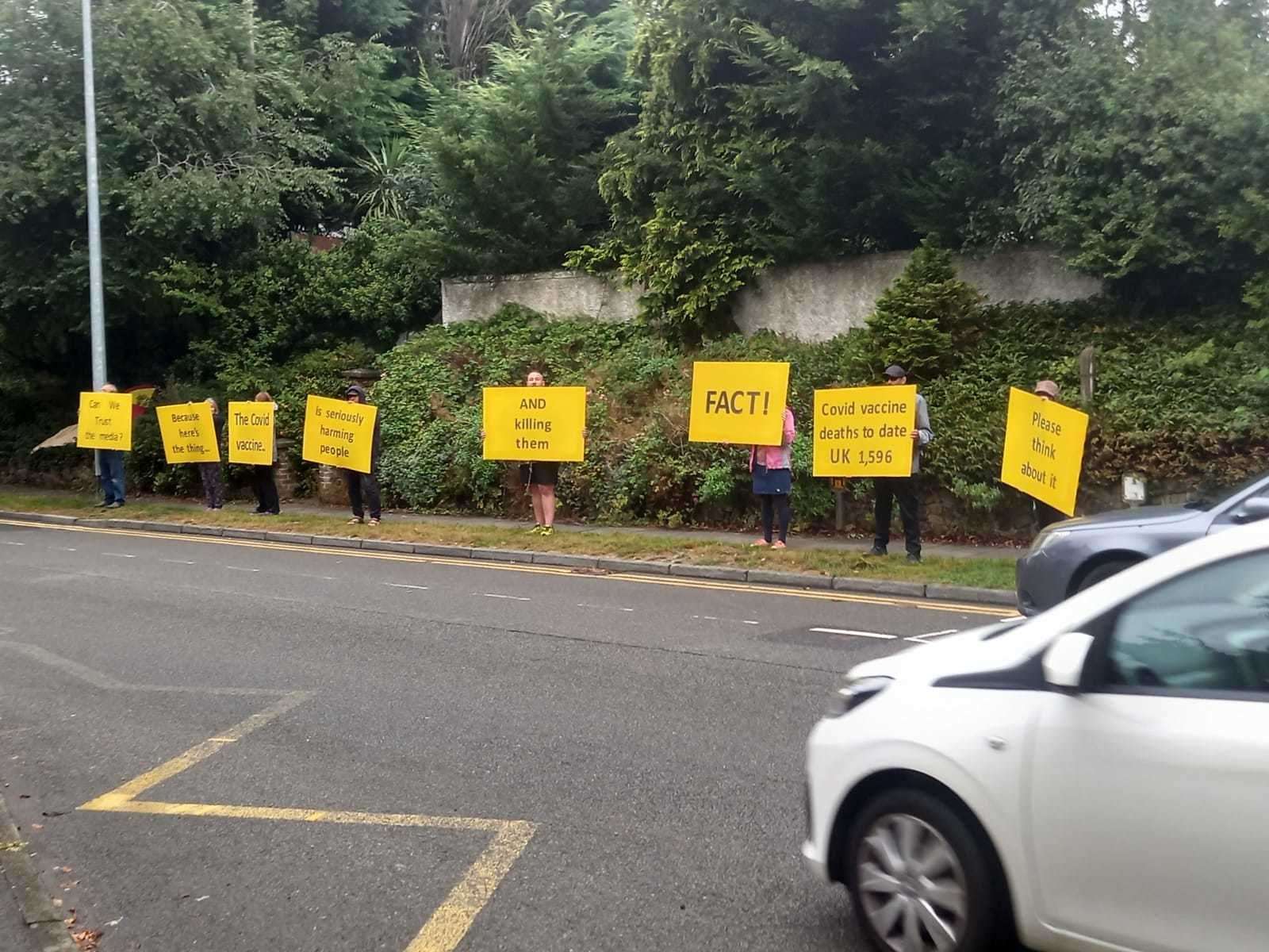 Anti-vaxxers were outside Simon Langton Girls' Grammar School in Canterbury this morning. Picture: Richard Murray