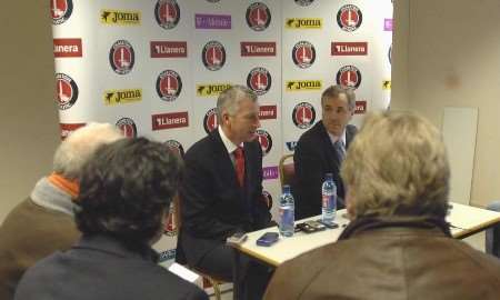 Alan Pardew, centre, at his first Press conference as Charlton's boss. Pictures: BARRY GOODWIN