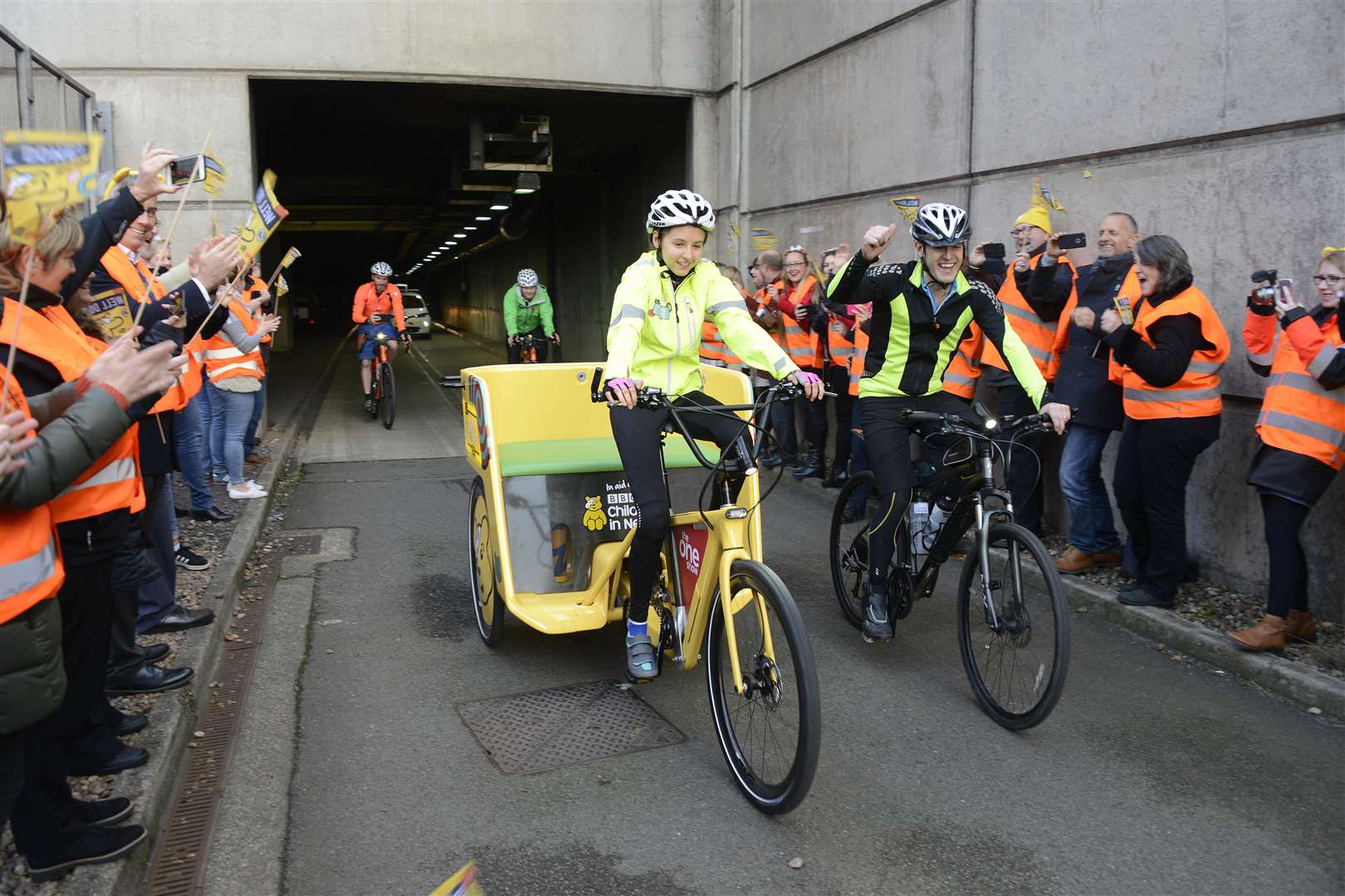 Folkestone EuroTunnel.BBC Rickshaw Challenge for Children in Need. BBCs Matt Baker flanks the Rickshaw as it arrives in Folkestone via the service tunnel.Picture: Paul Amos. (5326733)
