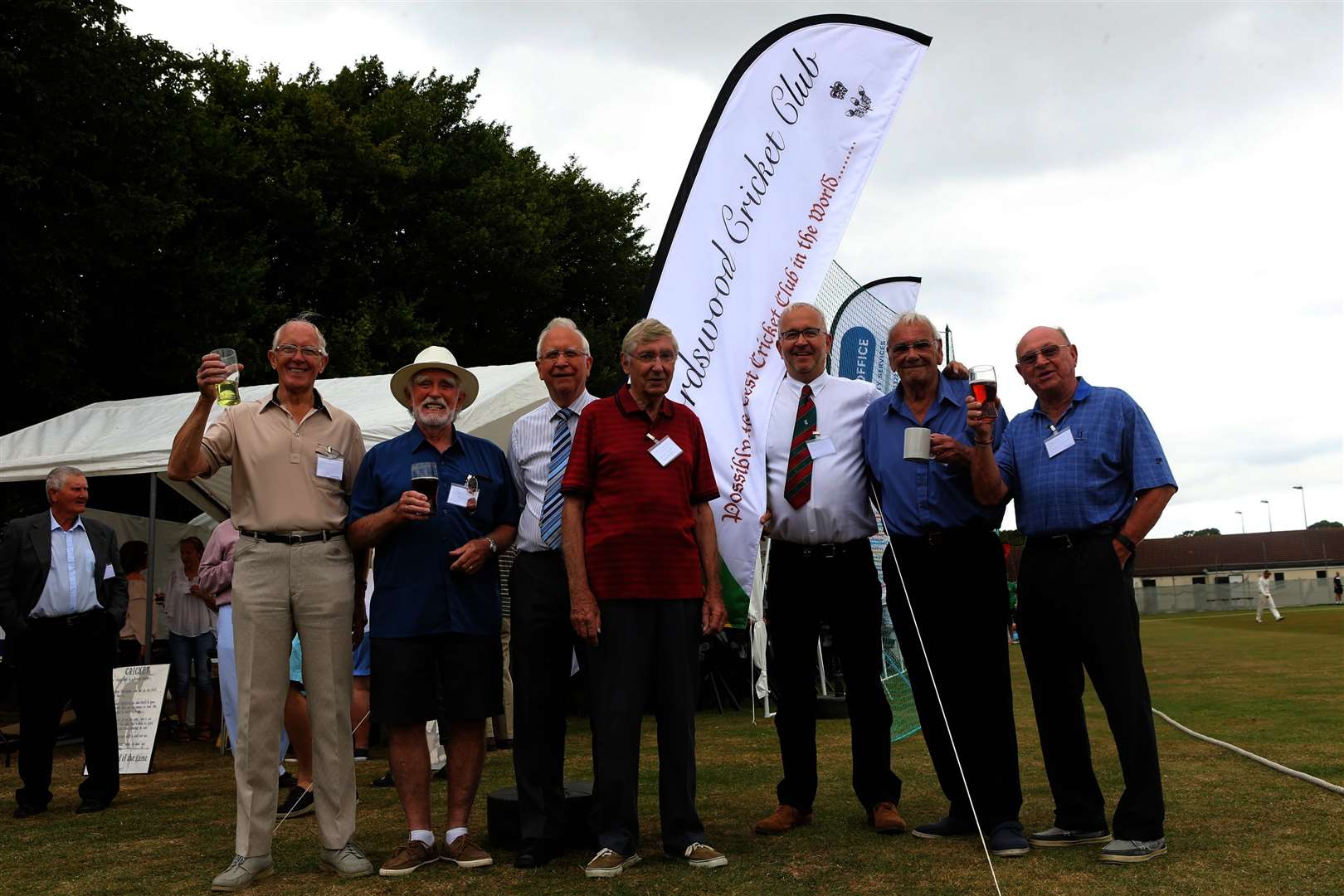 Peter Edmonds (in red) with Lordswood chairman Richard Cross and lifelong friend Colin Gardener, back in 2016 with other founder members at Lordswood Cricket Club during the club's 50th Anniversary