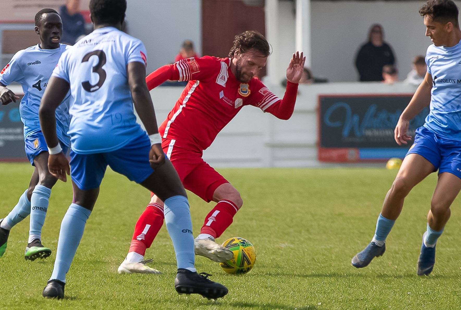 Player-manager Andy Drury turns with the ball. Picture: Les Biggs