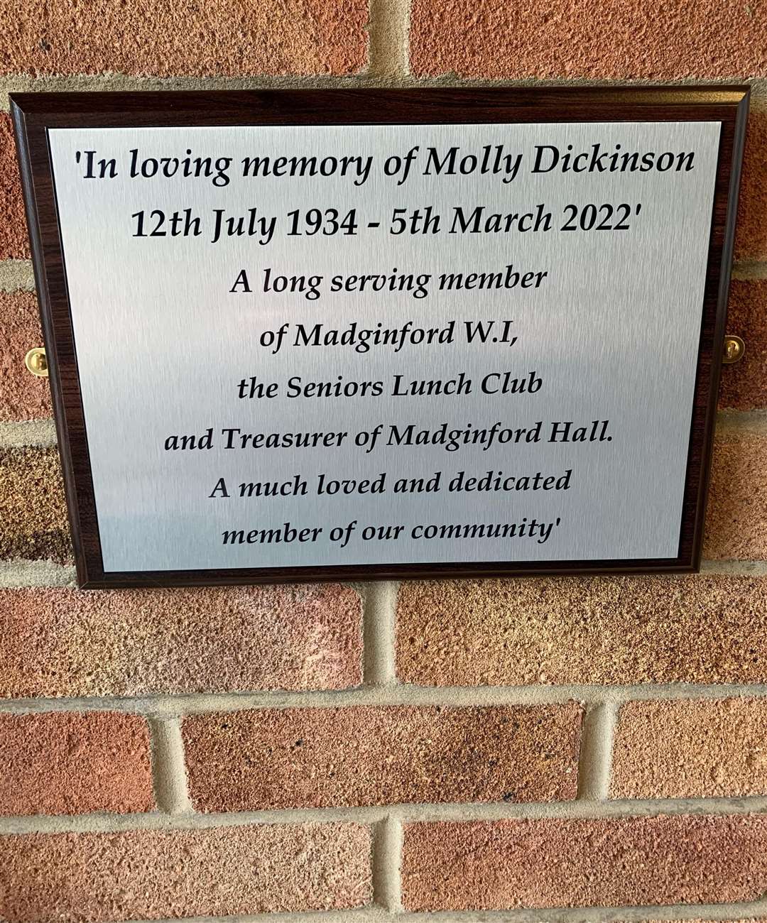 The plaque to Molly Dickinson