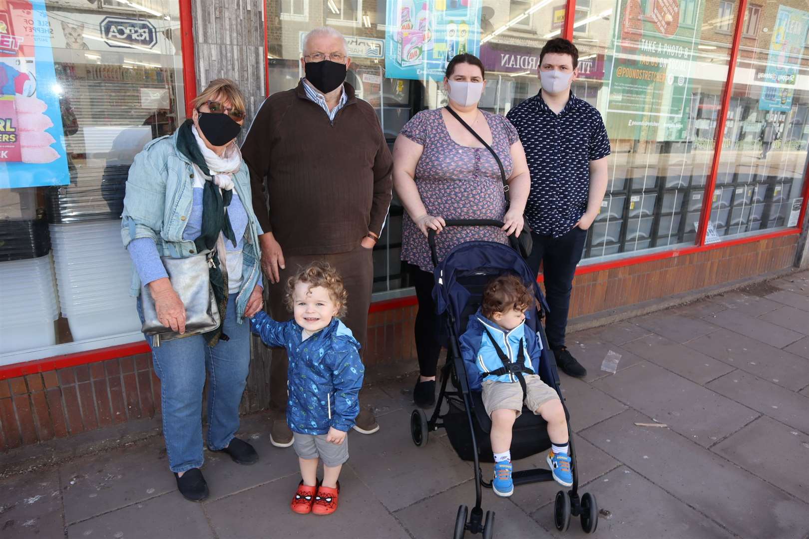 Reunited: Sharon and Eric Ambrose of Hoo managed to meet up with their grandchildren Matthew, two, and Nathan, one, in Sheerness High Street. They are pictured with the children's mum Katie Dollman from Sheerness and her brother Tommy after the easing of Covid-19 lockdown restrictions