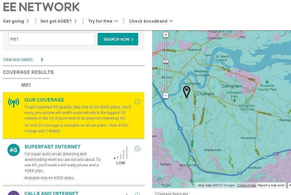 4G coverage in Medway (from EE website)
