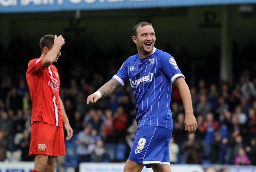 Danny Kedwell celebrates scoring against MK Dons Pic: Barry Goodwin