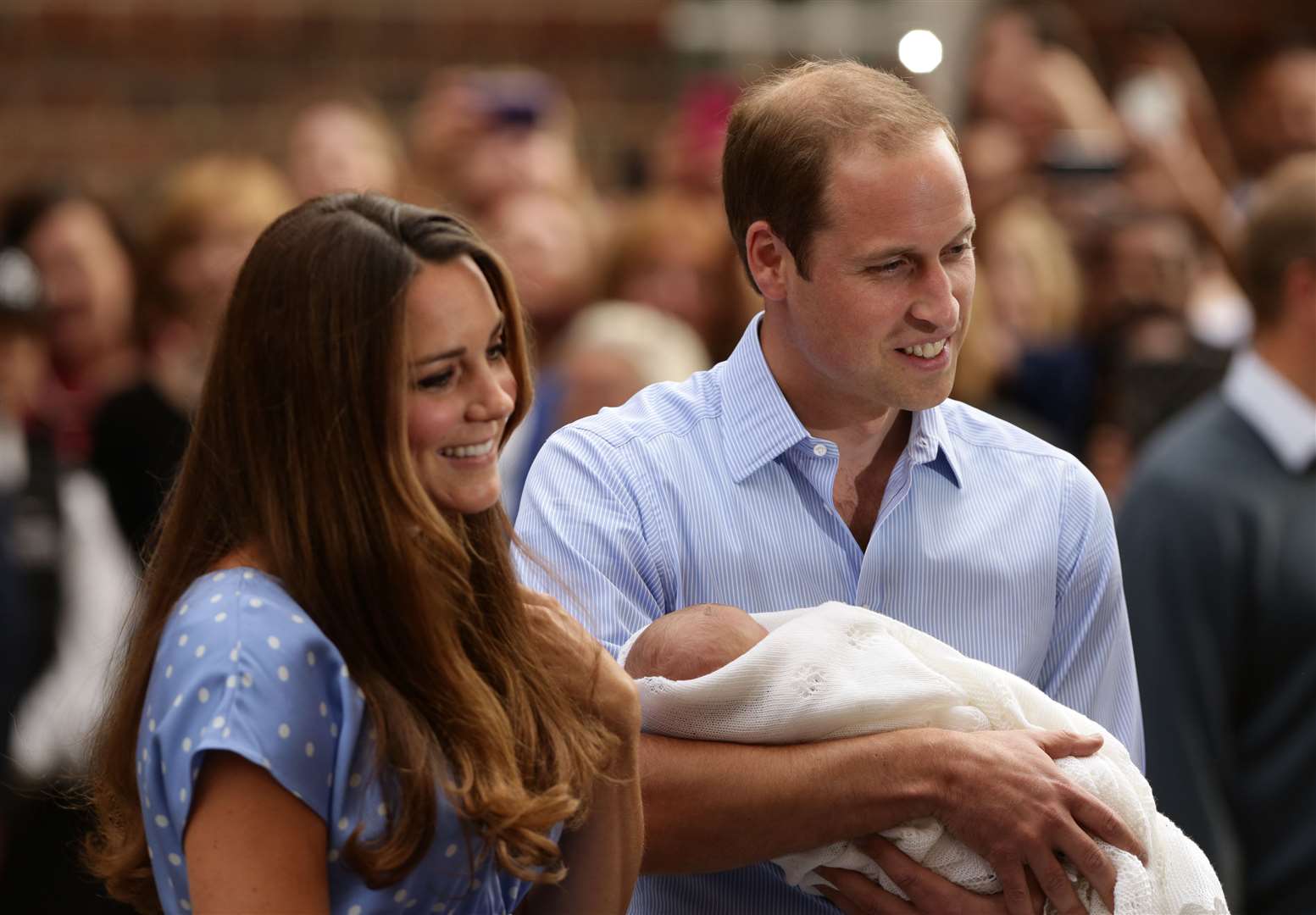 The Cambridges at the Lindo Wing of St Mary’s Hospital in London with their newborn son Prince George (Yui Mok/PA)