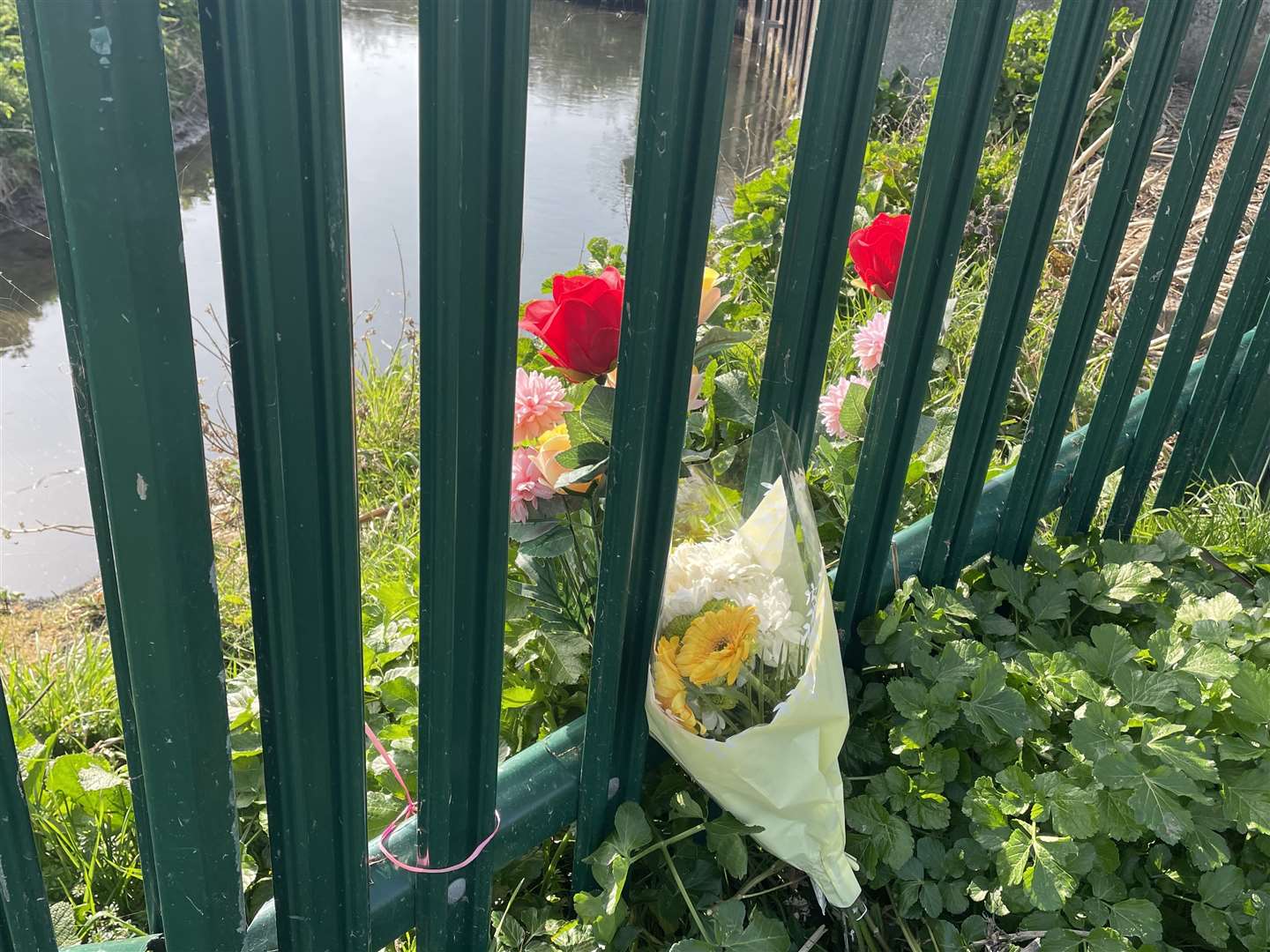 Flowers left at the water's edge close to where Alex Holland was found dead