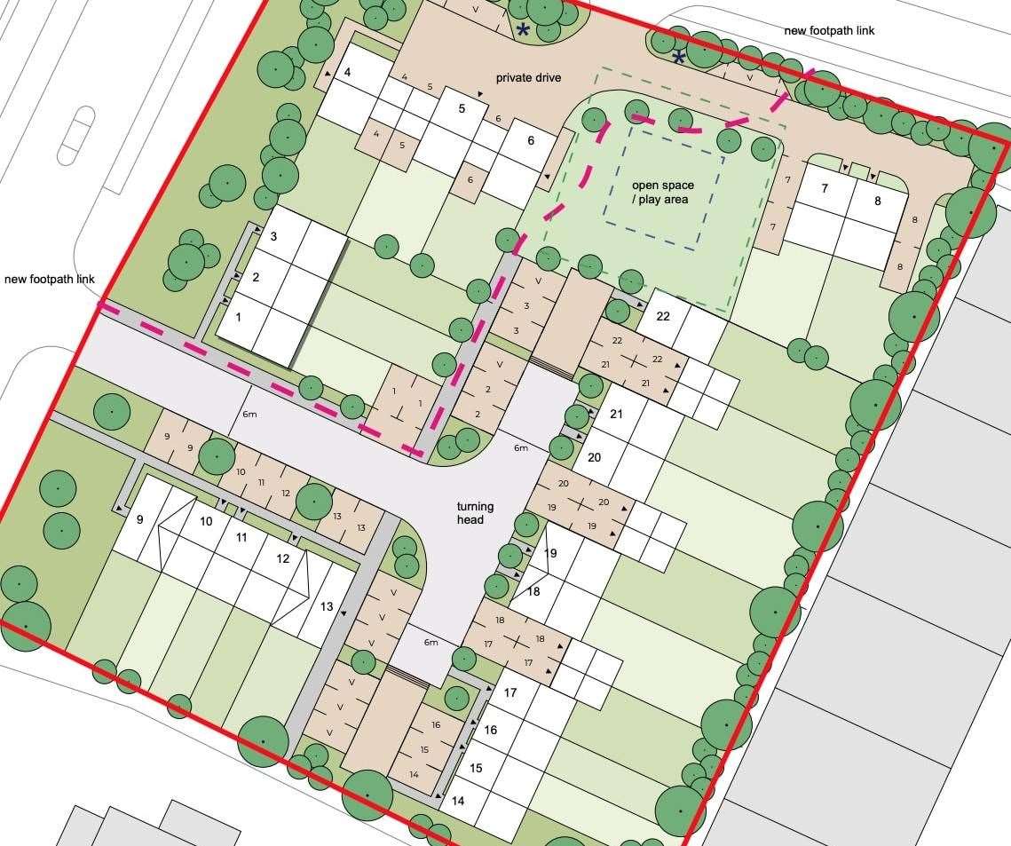 A site map showing how the 22 homes off Otterham Quay Lane, Rainham, would be laid out. Picture: Town Planning Design