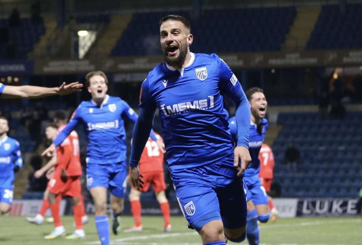 Max Ehmer celebrates his goal against Dagenham in the FA Cup at Priestfield