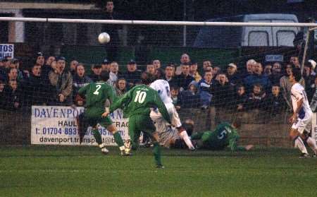 The ball bounces off Ian Cox for Burscough's late own goal equaliser. Picture: MATTHEW READING
